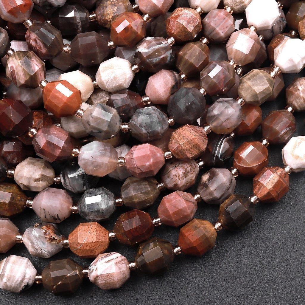 Natural Petrified Wood 8mm Beads Faceted Rounded Gemstone Prism Double Terminated Points 15.5" Strand
