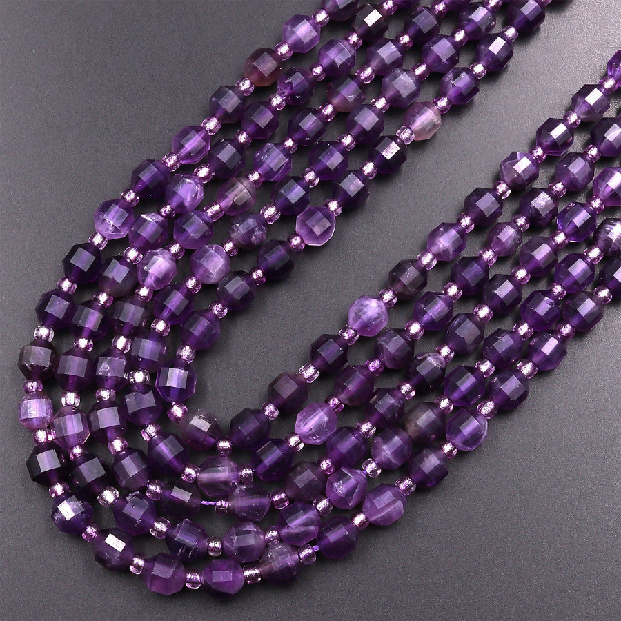 AAA Natural Purple Amethyst 6mm Beads Faceted Energy Prism Double Point Cut 15.5" Strand