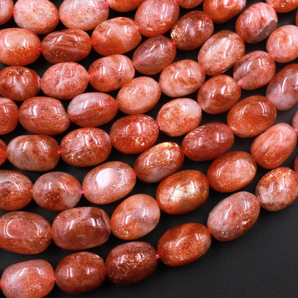 Fiery Natural Sunstone Nugget Beads Large Sparkling Golden Feldspar Orange Red Gemstone 15.5" Strand