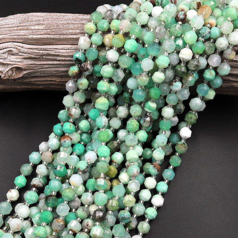 Natural Green Chrysoprase 6mm 8mm Beads Rounded Faceted Energy Prism Double Terminated Points 15.5" Strand