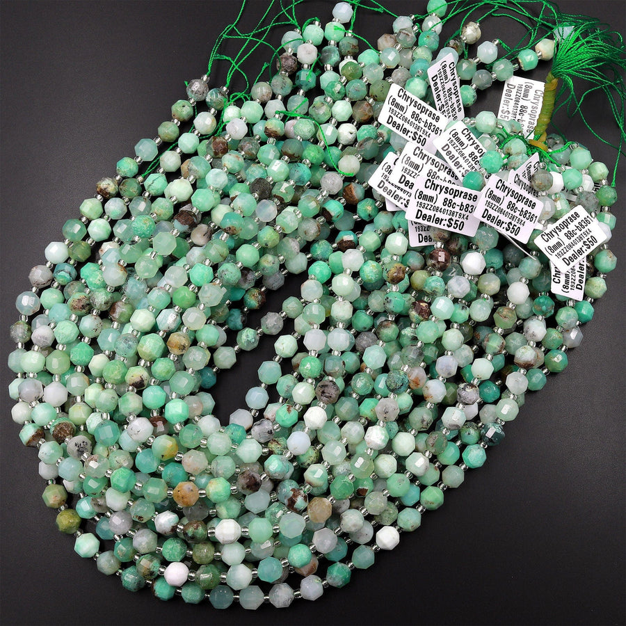 Natural Green Chrysoprase 6mm 8mm Beads Rounded Faceted Energy Prism Double Terminated Points 15.5" Strand