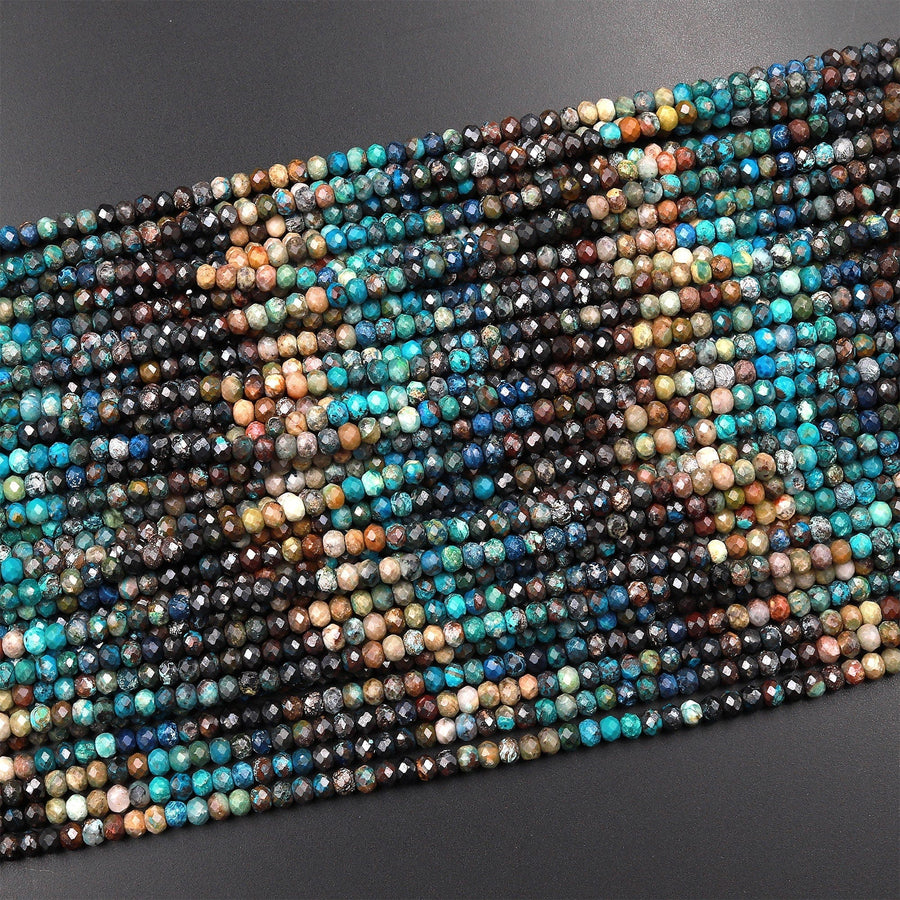 Faceted Natural Chrysocolla Azurite Rondelle Beads 4mm Laser Diamond Cut Blue Green Brown Gemstone 15.5" Strand