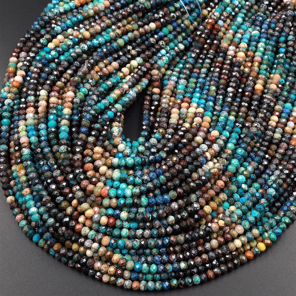 Faceted Natural Chrysocolla Azurite Rondelle Beads 4mm Laser Diamond Cut Blue Green Brown Gemstone 15.5" Strand