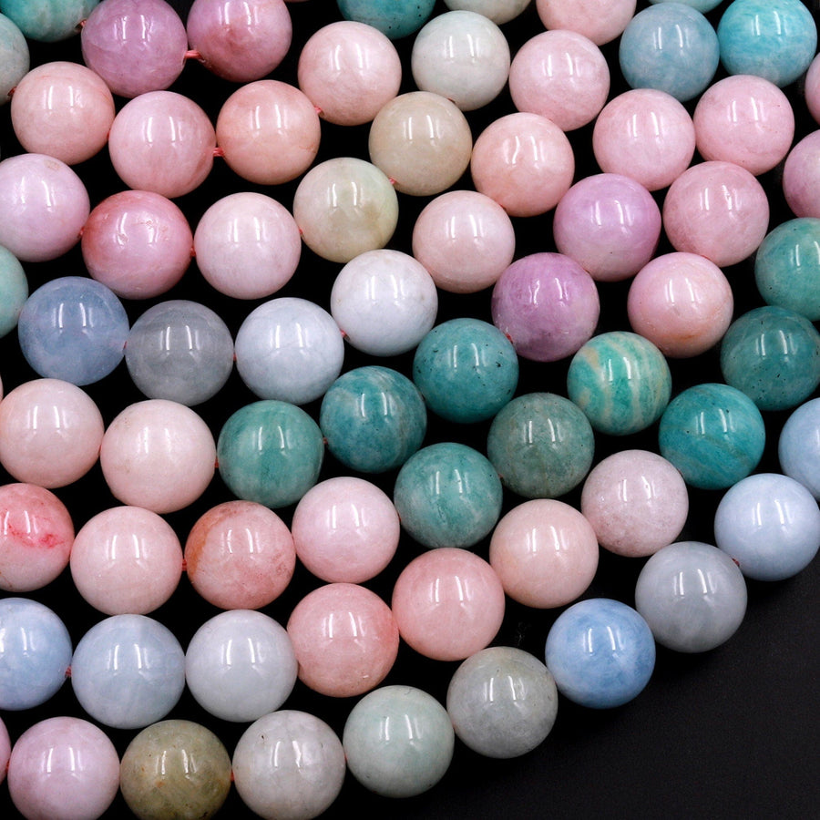 Mixed Gemstone Aquamarine Morganite Kunzite Peruvian Amazonite 10mm Round Beads 15.5" Strand