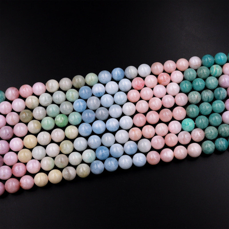 Mixed Gemstone Aquamarine Morganite Kunzite Peruvian Amazonite 10mm Round Beads 15.5" Strand