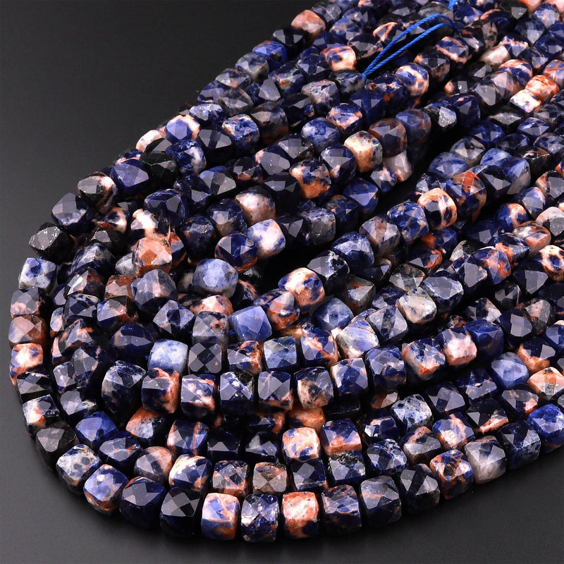 Faceted Natural Brazilian Orange Sodalite 6mm 8mm Cube Beads 15.5" Strand