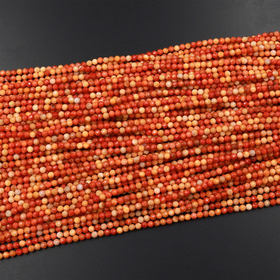 AAA Faceted Natural Golden Orange Red Fossil Coral  2mm 3mm Round Beads 15.5" Strand