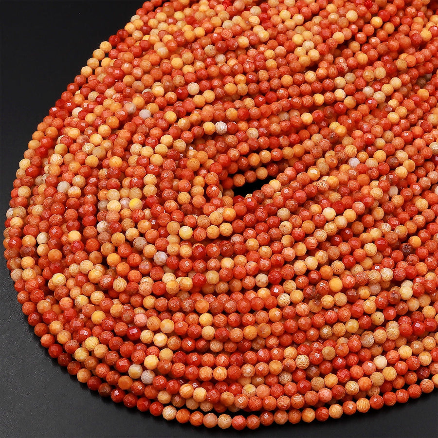AAA Faceted Natural Golden Orange Red Fossil Coral  2mm 3mm Round Beads 15.5" Strand