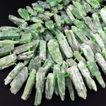 Side Drilled Raw Natural Green Kyanite Bead Freeform Irregular Gemstone Spike Points Rough Organic Crystal Shape 15.5" Strand