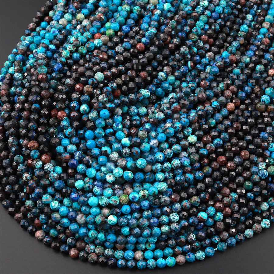AAA Micro Faceted Natural Chrysocolla Azurite Round Beads 3mm 4mm 5mm Multicolor Blue Brown Gemstone From Arizona 15.5" Strand