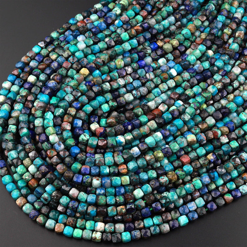 Natural Chrysocolla Azurite Faceted 4mm 5mm Cube Dice Square Beads Micro Faceted Laser Diamond Cut 15.5" Strand