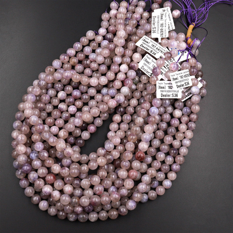 Natural Purple Tourmaline Lepidolite Round Beads 6mm 8mm 10mm Shimmering Mica Matrix 15.5" Strand