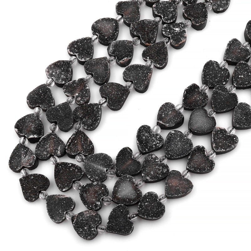 Natural Black Druzy Heart Beads 10mm 12mm 15.5" Strand