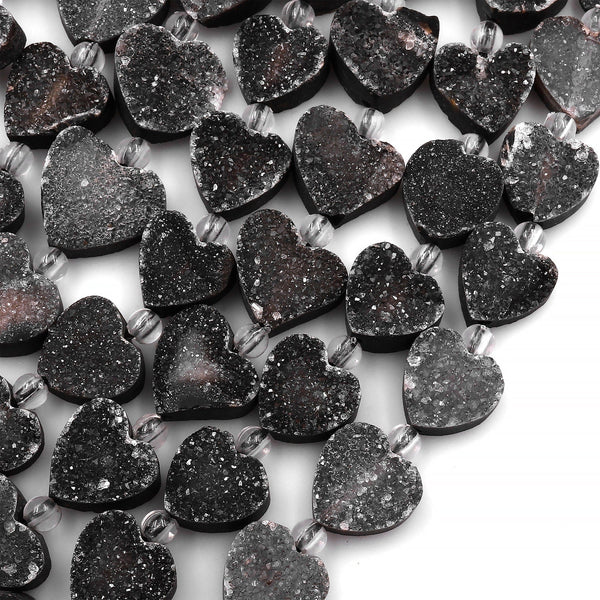 Natural Black Druzy Heart Beads 10mm 12mm 15.5" Strand