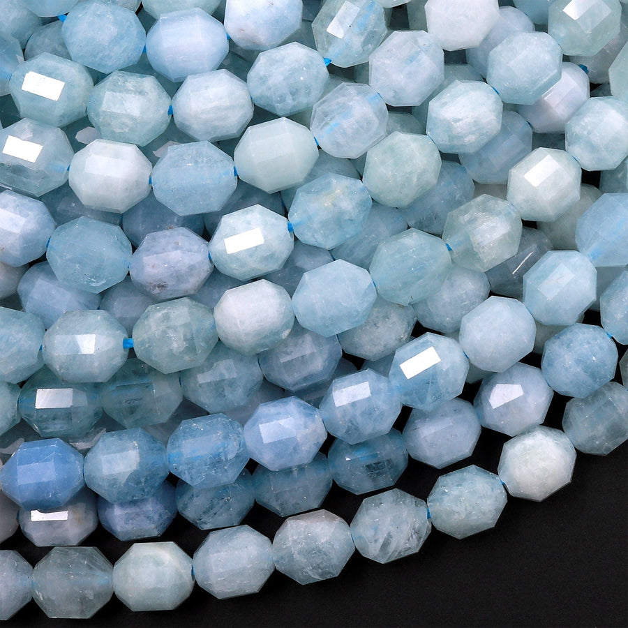 Faceted Natural Blue Green Aquamarine 6mm Rounded Beads Energy Prism Double Terminated Beryl Point 15.5" Strand