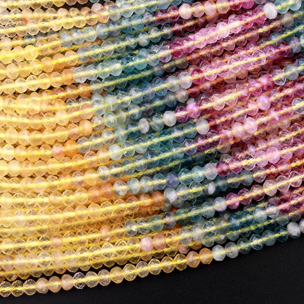 AAA Natural Multicolor Fluorite Faceted 4mm Rondelle Beads Micro Laser Cut Yellow Pink Green Gemstone Bead 15.5" Strand