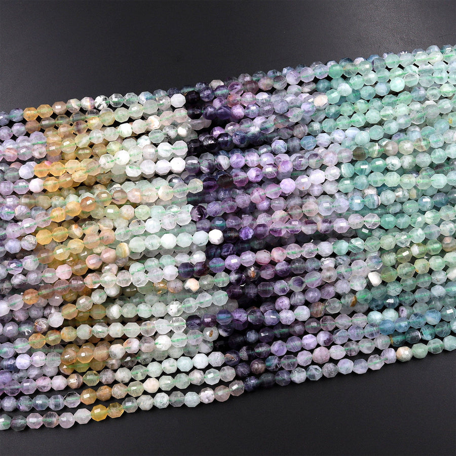 Faceted Natural Rainbow Fluorite 6mm Beads Energy Prism Double Terminated Green Purple Yellow Point 15.5" Strand