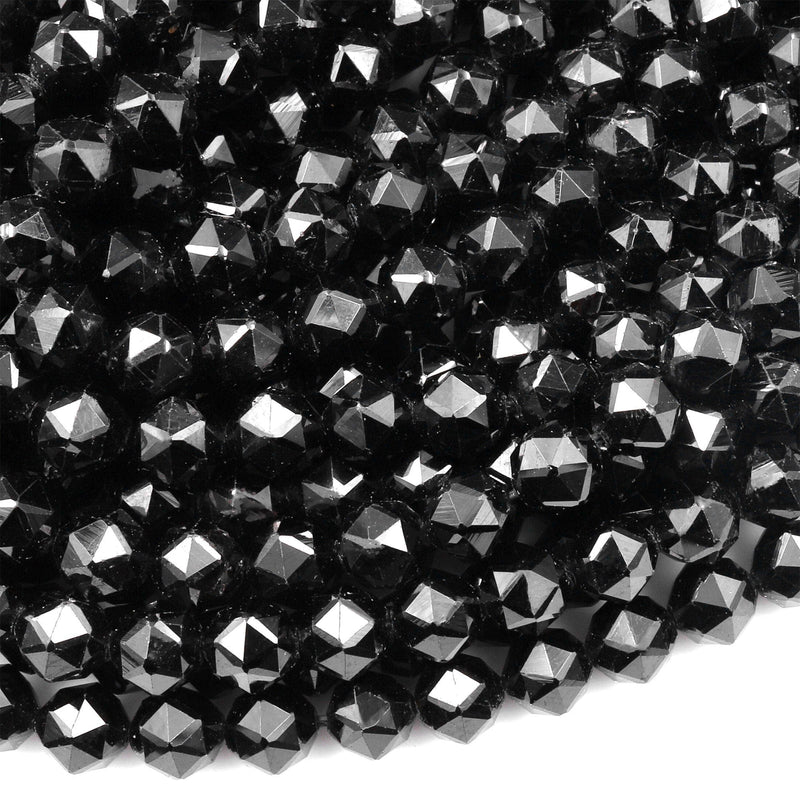 Natural Black Tourmaline Facetet 8mm Round Beads New Double Hearted Star Cut Gemstone 15.5" Strand