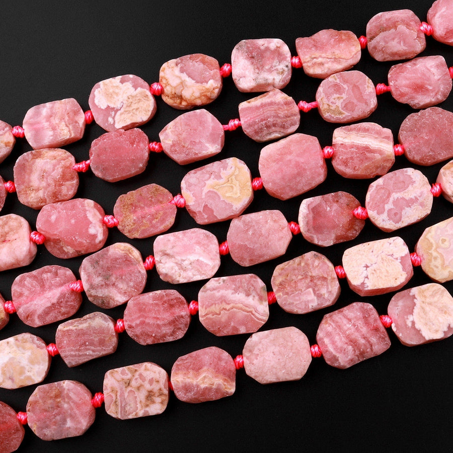 Natural Red Rhodochrosite Beads Hand Cut Beveled Rectangle Oval Shape 15.5" Strand