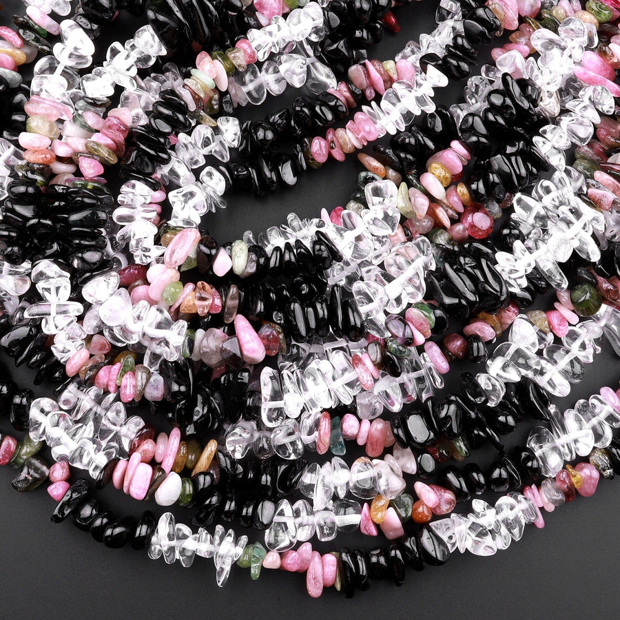 Freeform Mixed Gemstone Chip Beads Pink Tourmaline Clear Rock Quartz Black Onyx 15.5" Strand