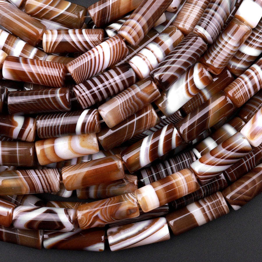 Natural Tibetan Agate Beads Highly Polished Smooth Long Tube Cylinder Amazing Veins Bands Stripes Brown White Agate 15.5" Strand