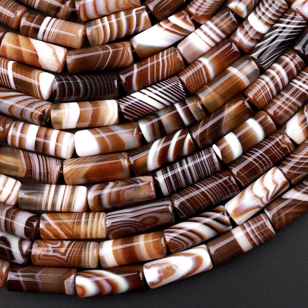 Natural Tibetan Agate Beads Highly Polished Smooth Long Tube Cylinder Amazing Veins Bands Stripes Brown White Agate 15.5" Strand