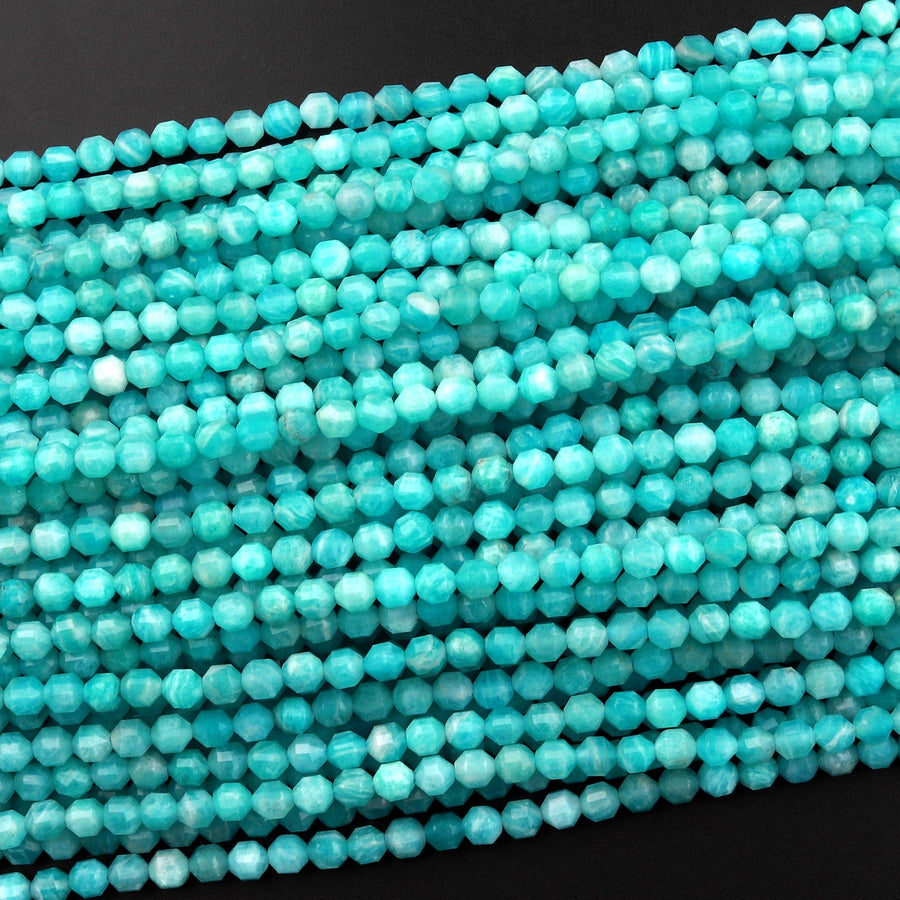 Faceted Natural Peruvian Amazonite 3mm 4mm Beads Faceted Energy Prism Double Terminated Points 15.5" Strand