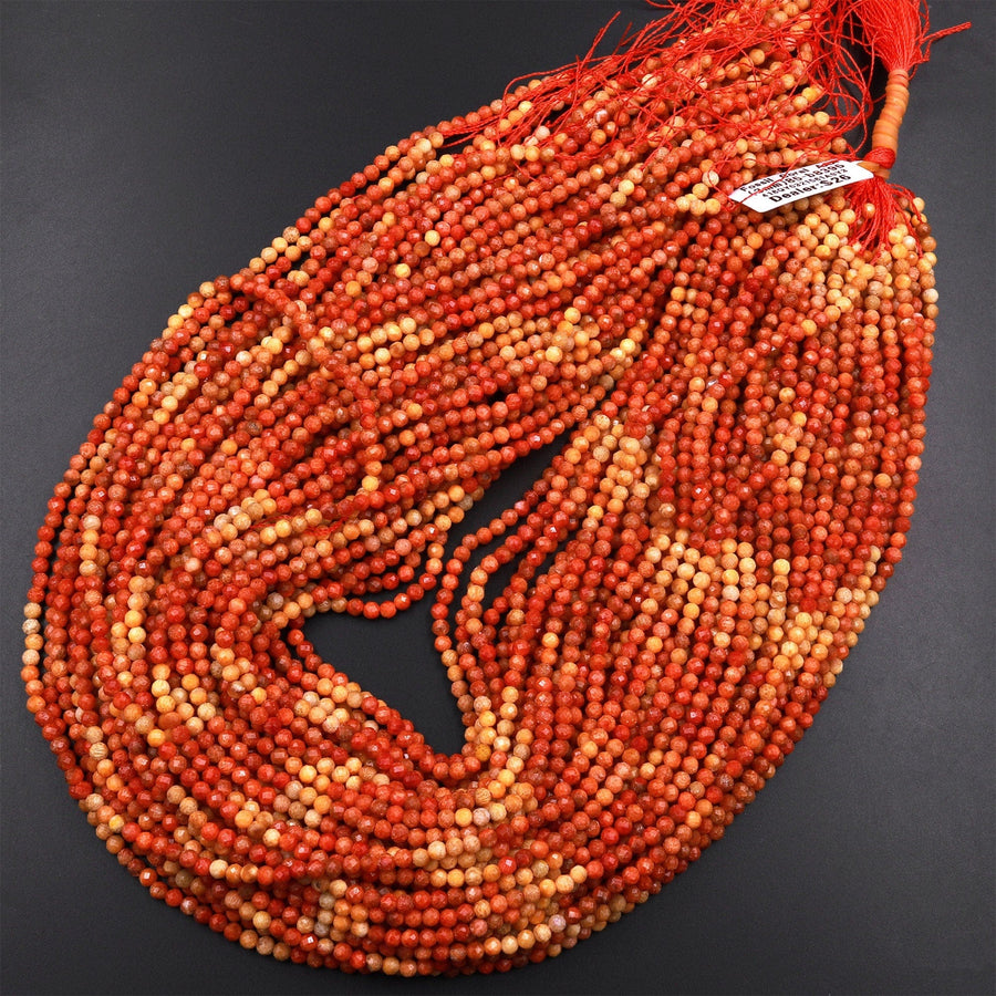 AAA Faceted Natural Golden Orange Red Fossil Coral 3mm Round Beads Multicolor Color Gemstone 15.5" Strand