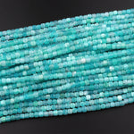 AA Natural Peruvian Blue Amazonite Faceted 4mm Cube Square Beads Translucent Gemstone 15.5" Strand