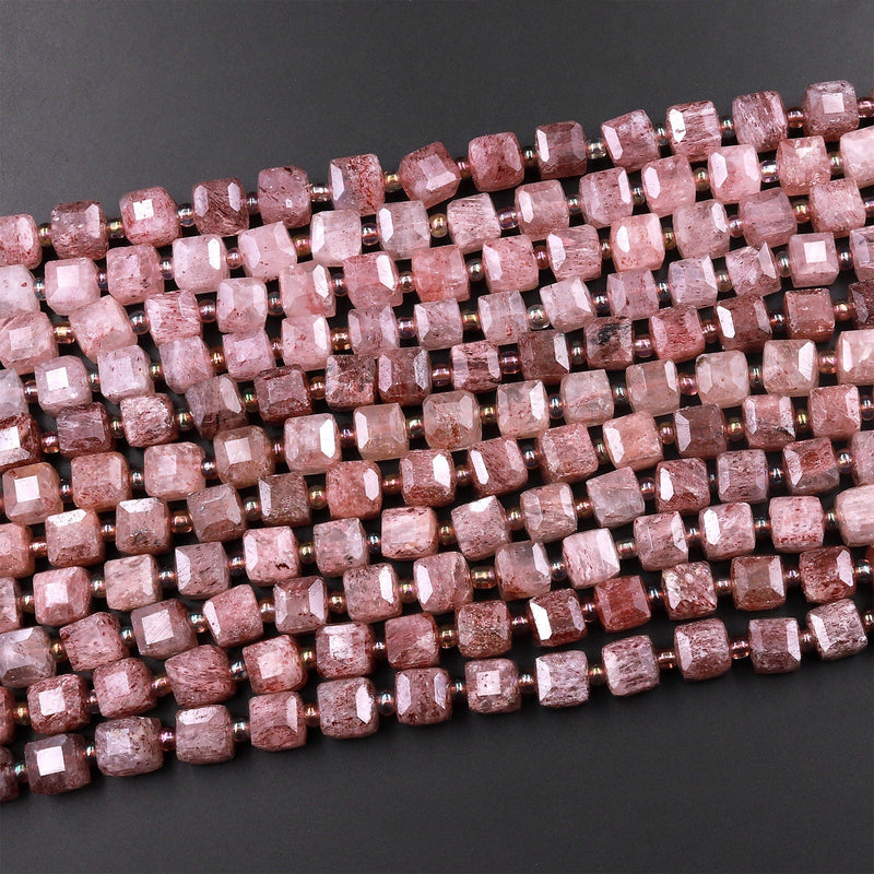 Natural Strawberry Quartz Faceted 8mm Dice Cube Square Beads 15.5" Strand
