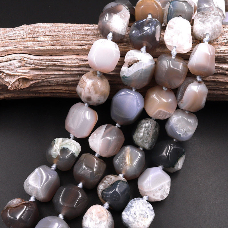 Rare Natural Phantom Agate Beads Large Faceted Cube Square Earthy Gray Crystal Druzy Gemstone 15.5" Strand