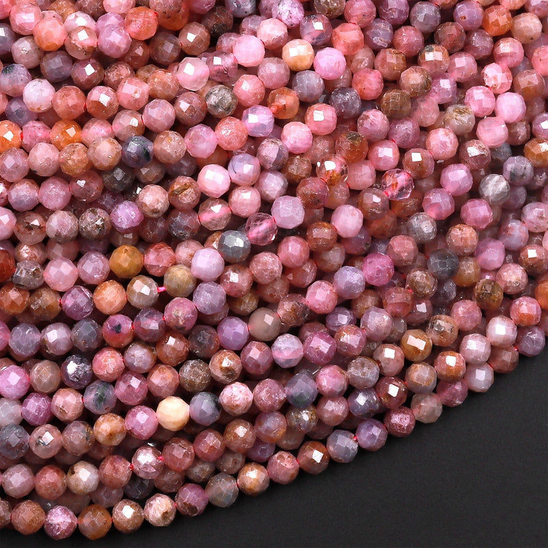 Genuine Natural PInk Ruby Gemstone Faceted 3mm 4mm Round Beads 15.5" Strand