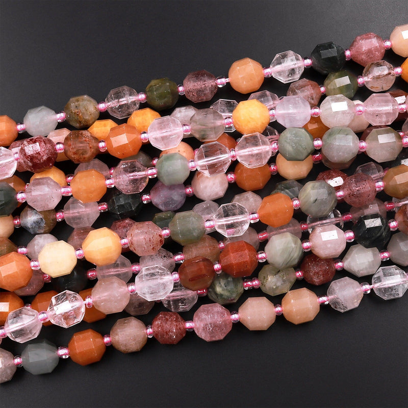 Mixed Multicolor Natural Gemstone Quartz Faceted Prism Cut 10mm Round Beads Double Terminated Points 15.5" Strand