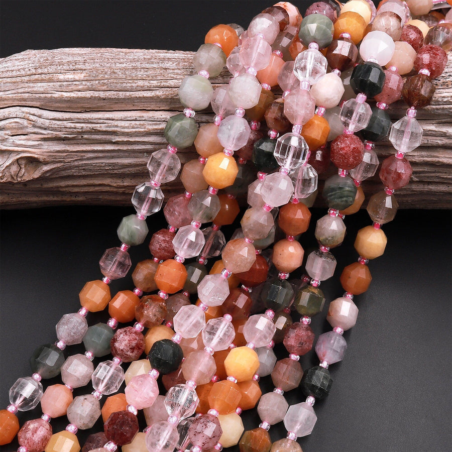 Mixed Multicolor Natural Gemstone Quartz Faceted Prism Cut 10mm Round Beads Double Terminated Points 15.5" Strand