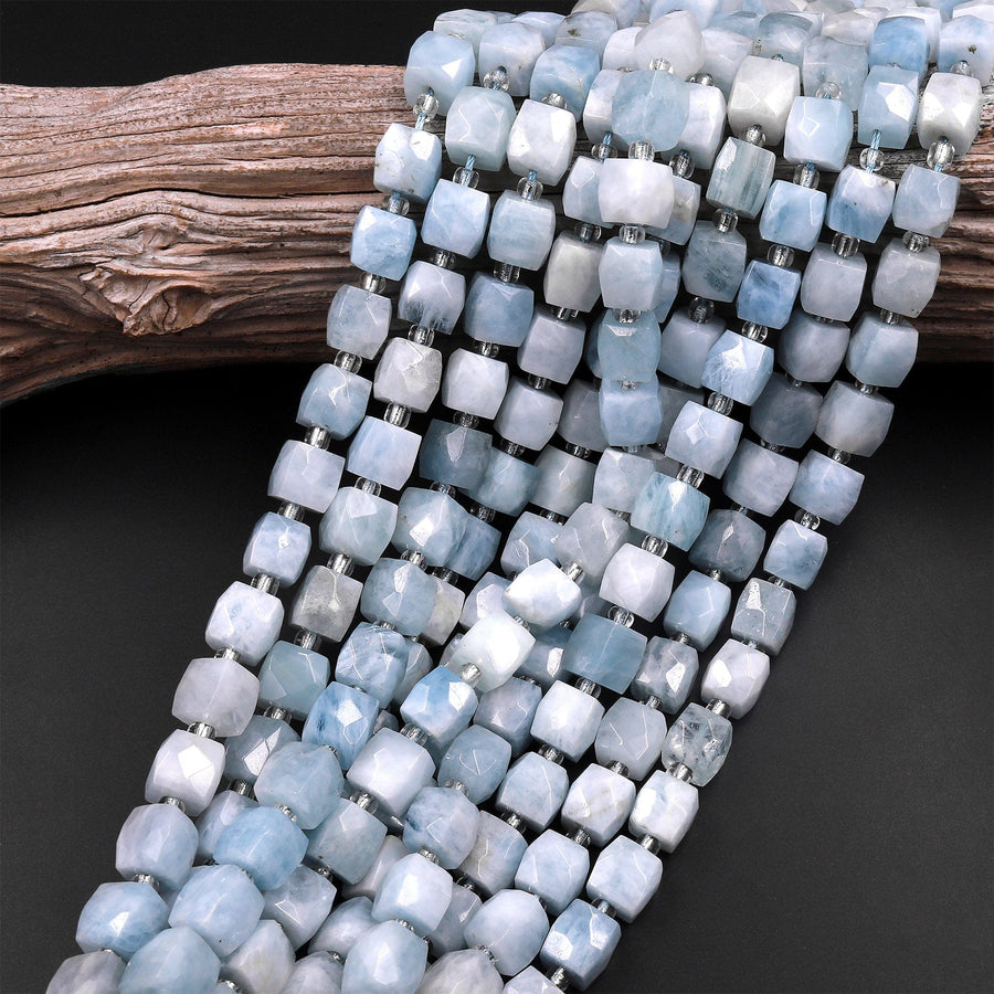 Natural blue Aquamarine Faceted 10mm Cube Square Dice Beads 15.5" Strand
