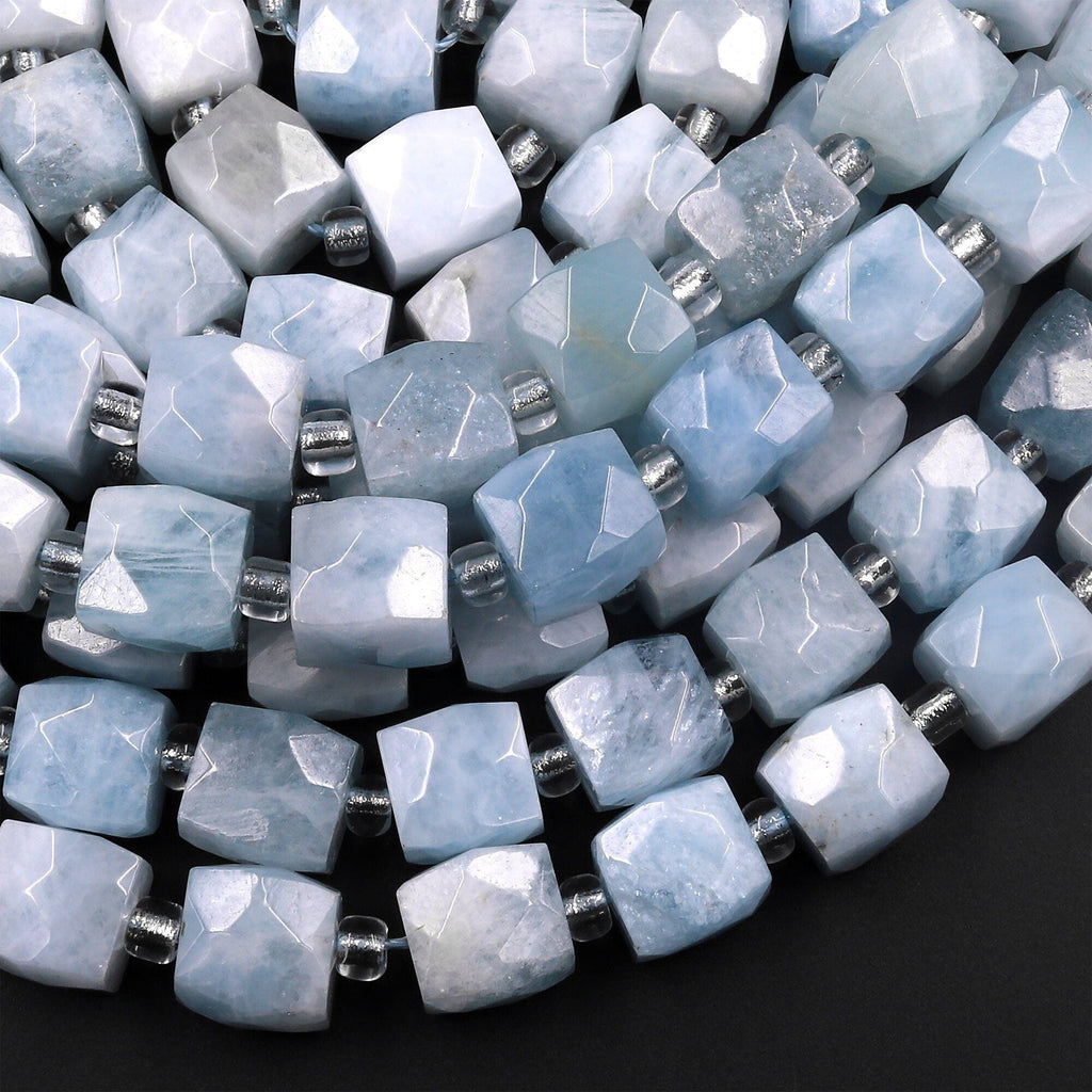 Natural blue Aquamarine Faceted 10mm Cube Square Dice Beads 15.5" Strand