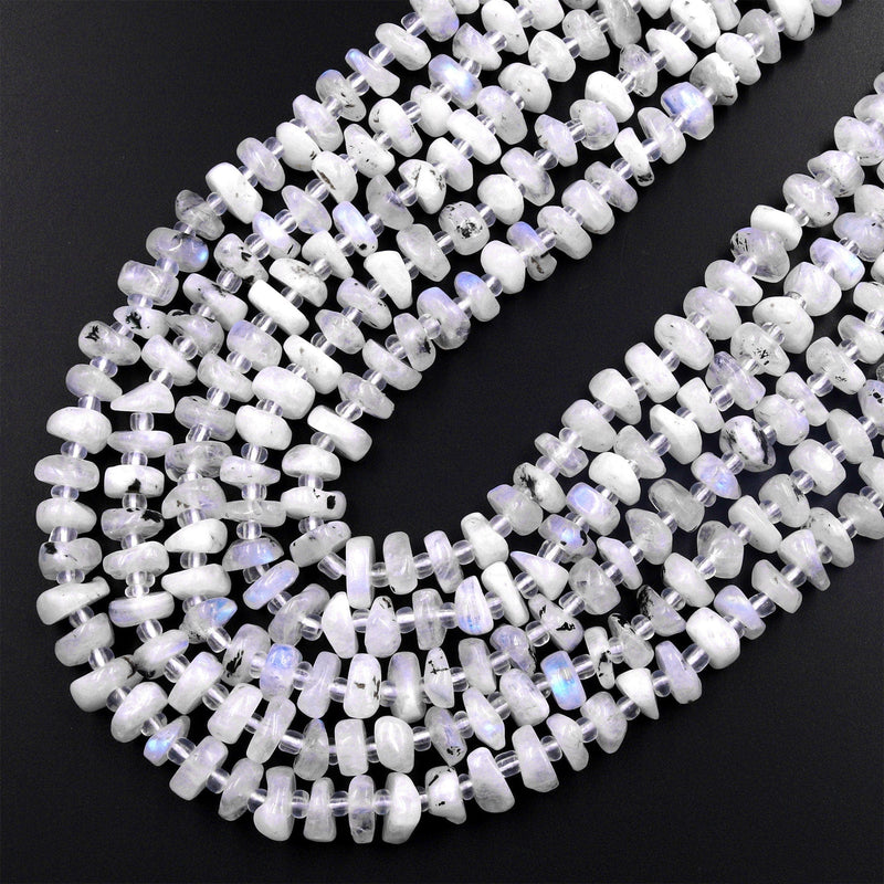 Natural Rainbow Moonstone Beads Freeform Center Drilled Rondelle Disc Organic Cut Nuggets 15.5" Strand