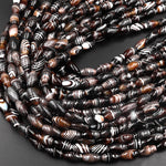 AAA Natural Tibetan Agate Beads Highly Polished Smooth Drum Barrel Tube Amazing Dark Brown Veins Bands Stripes 15.5" Strand