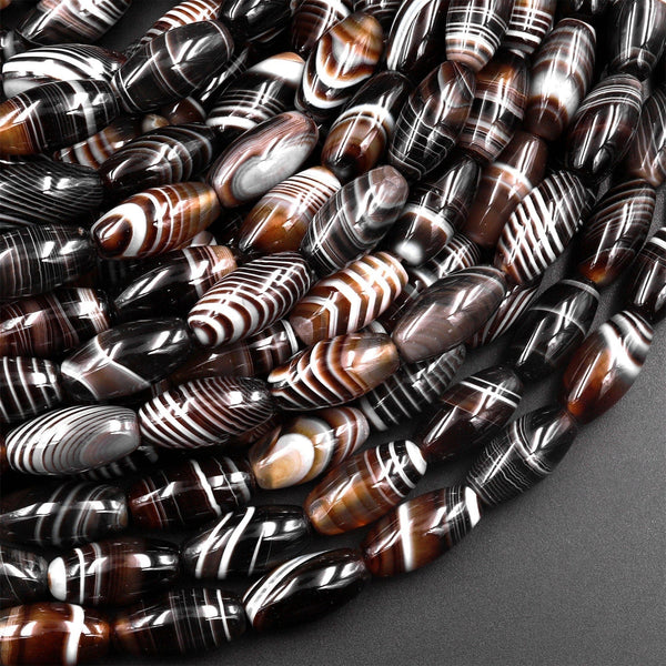 AAA Natural Tibetan Agate Beads Highly Polished Smooth Drum Barrel Tube Amazing Dark Brown Veins Bands Stripes 15.5" Strand