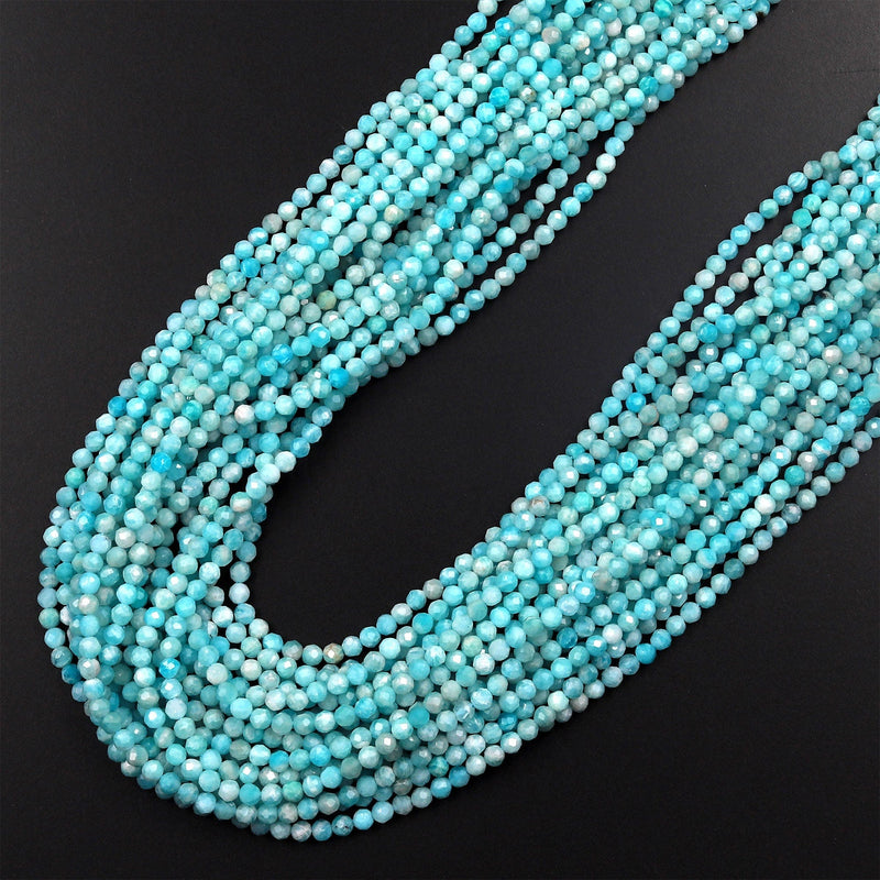 Peruvian Amazonite 2mm Faceted Round Beads Natural Sea Blue Gemstone Micro Laser Diamond Cut 15.5" Strand