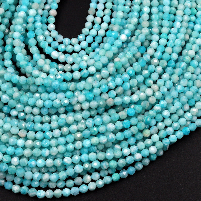 Peruvian Amazonite 2mm Faceted Round Beads Natural Sea Blue Gemstone Micro Laser Diamond Cut 15.5" Strand