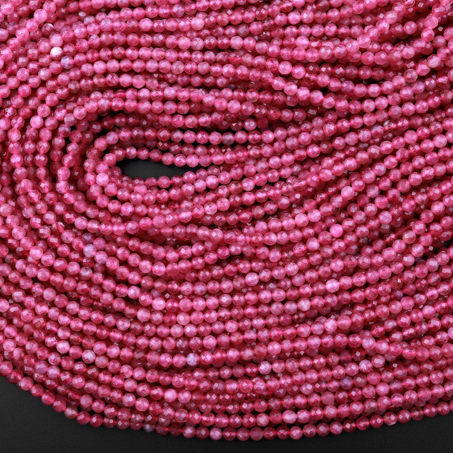 AAA+ Micro Faceted Natural Pink Tourmaline Faceted 3mm Round Beads Diamond Cut Gemstone 15.5" Strand