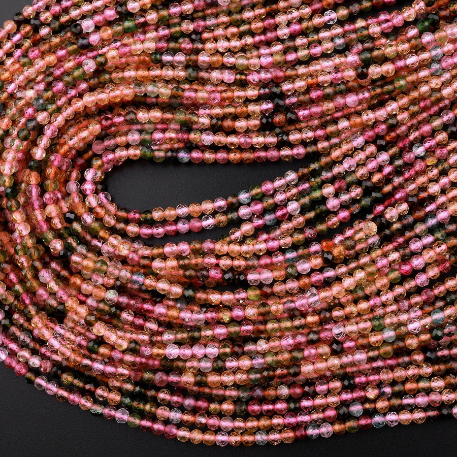AAA Gem Grade Micro Faceted Natural Multicolor Tourmaline Round Beads 2mm Pink Green Translucent Gemstone 15.5" Strand