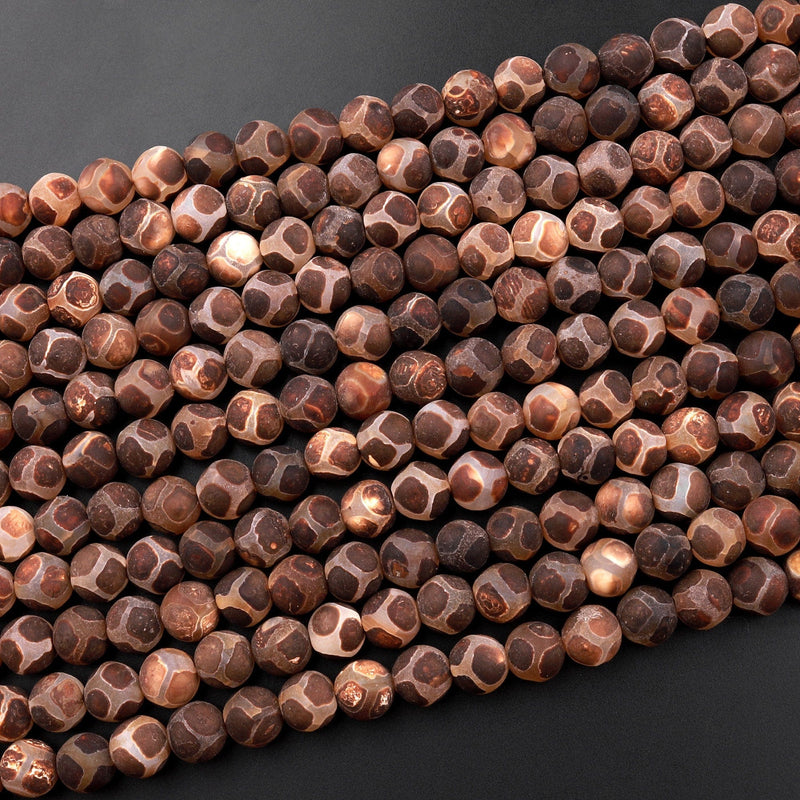 Tibetan Agate 6mm 8mm 10mm Round Beads Dzi Agate Soccer Ball Pattern Brown Etched Line Matte Mala Antique Boho Beads 15.5" Strand