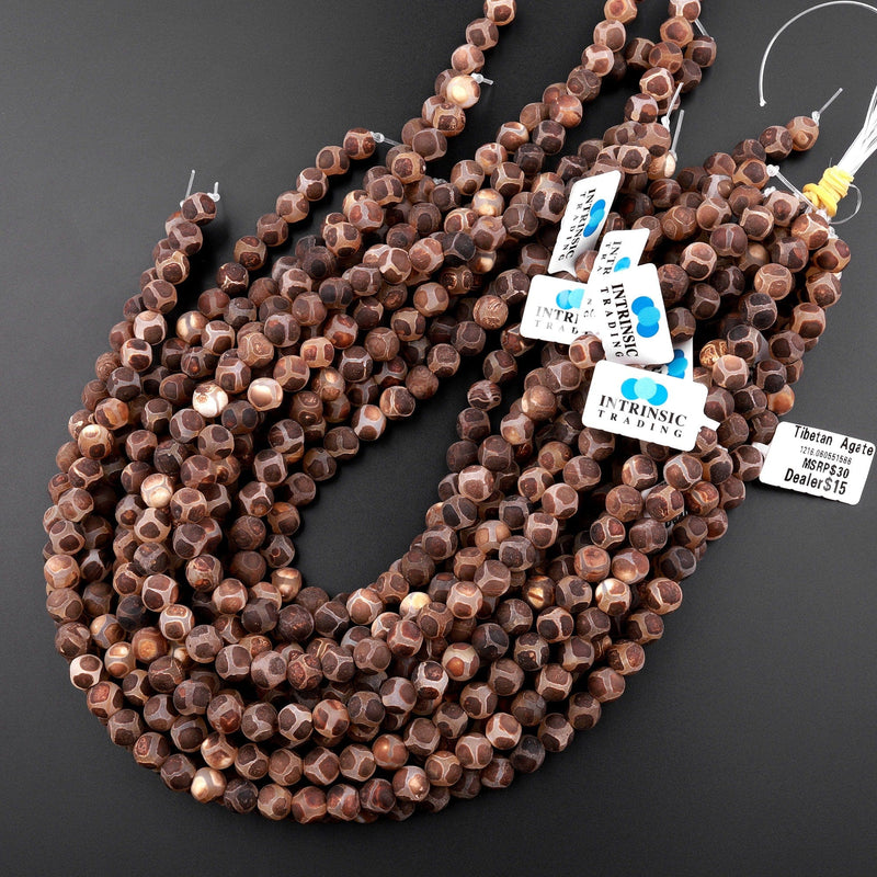 Tibetan Agate 6mm 8mm 10mm Round Beads Dzi Agate Soccer Ball Pattern Brown Etched Line Matte Mala Antique Boho Beads 15.5" Strand