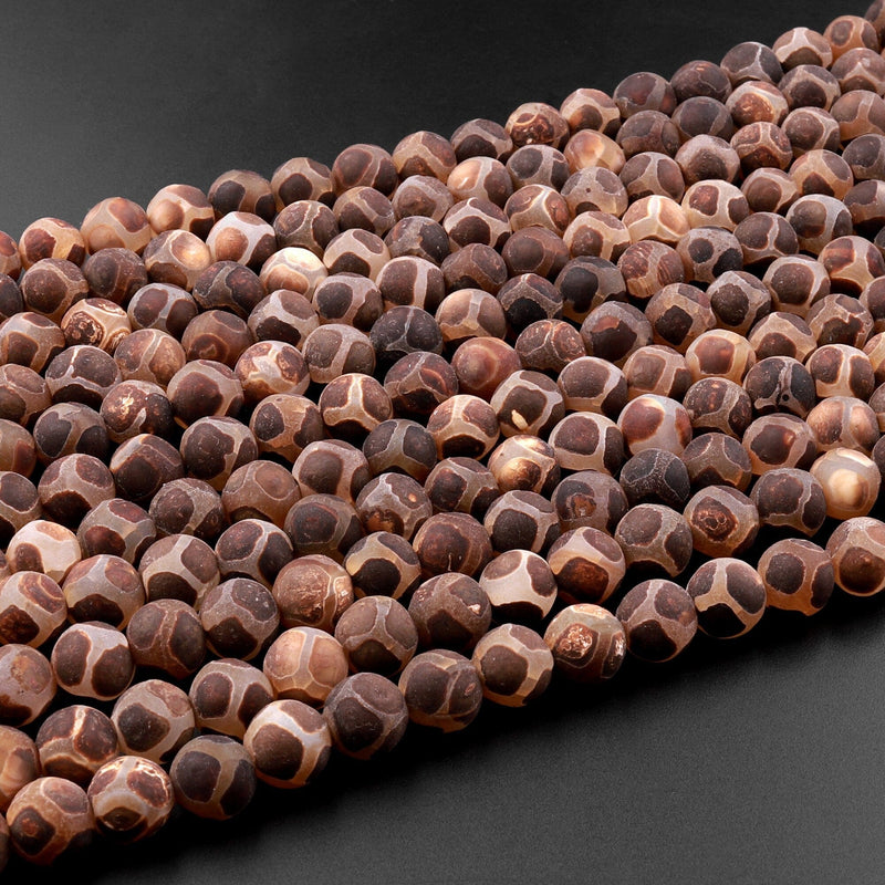Tibetan Agate 6mm 8mm 10mm Round Beads Dzi Agate Soccer Ball Pattern Brown Etched Line Matte Mala Antique Boho Beads 15.5" Strand