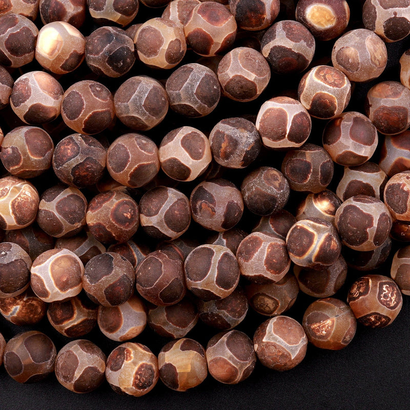 Tibetan Agate 6mm 8mm 10mm Round Beads Dzi Agate Soccer Ball Pattern Brown Etched Line Matte Mala Antique Boho Beads 15.5" Strand