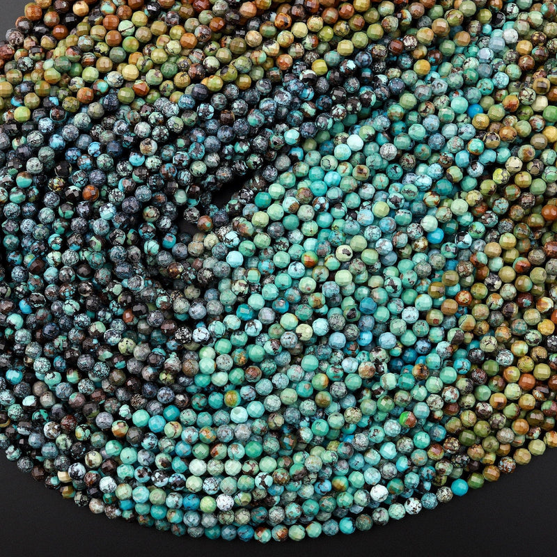 Genuine Natural Dragon Skin Turquoise 4mm Faceted Round Beads Multicolor Blue Green Brown Turquoise Micro Diamond Cut 15.5" Strand