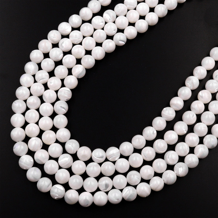 AAA Natural White Mother of Pearl 4mm 6mm 8mm 10mm Smooth Round Beads Iridescent Shell 15.5" Strand