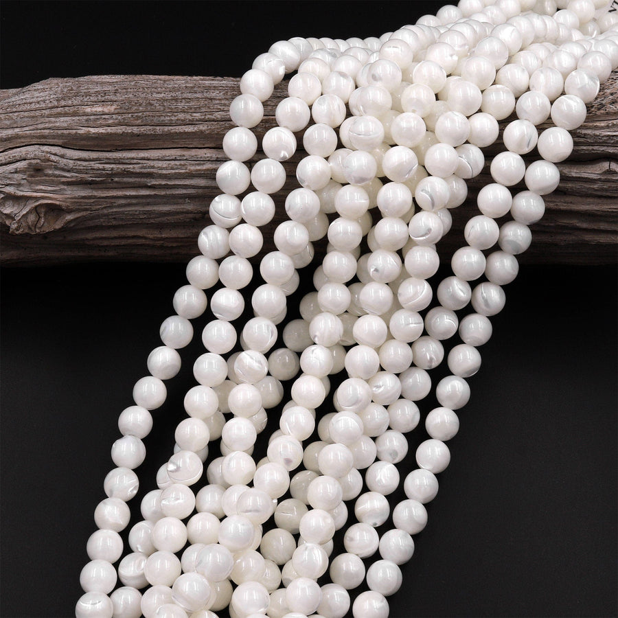 AAA Natural White Mother of Pearl 4mm 6mm 8mm 10mm Smooth Round Beads Iridescent Shell 15.5" Strand